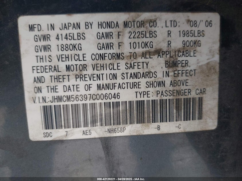2007 HONDA ACCORD VIN: JHMCM56397C006046