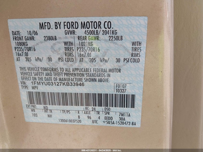 2007 FORD ESCAPE VIN: 1FMYU03127KB33946