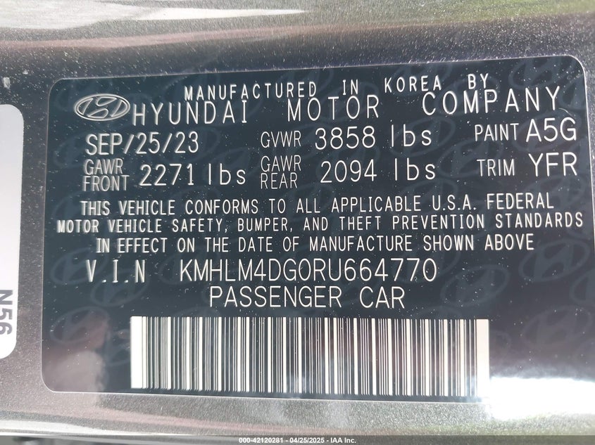 2024 HYUNDAI ELANTRA 2.0L I-4 DOHC, VVT, (VIN: KMHLM4DG0RU664770