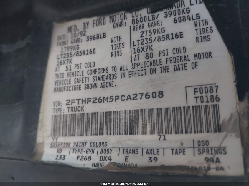 1993 Ford F250 VIN: 2FTHF26M5PCA27608 Lot: 42120315