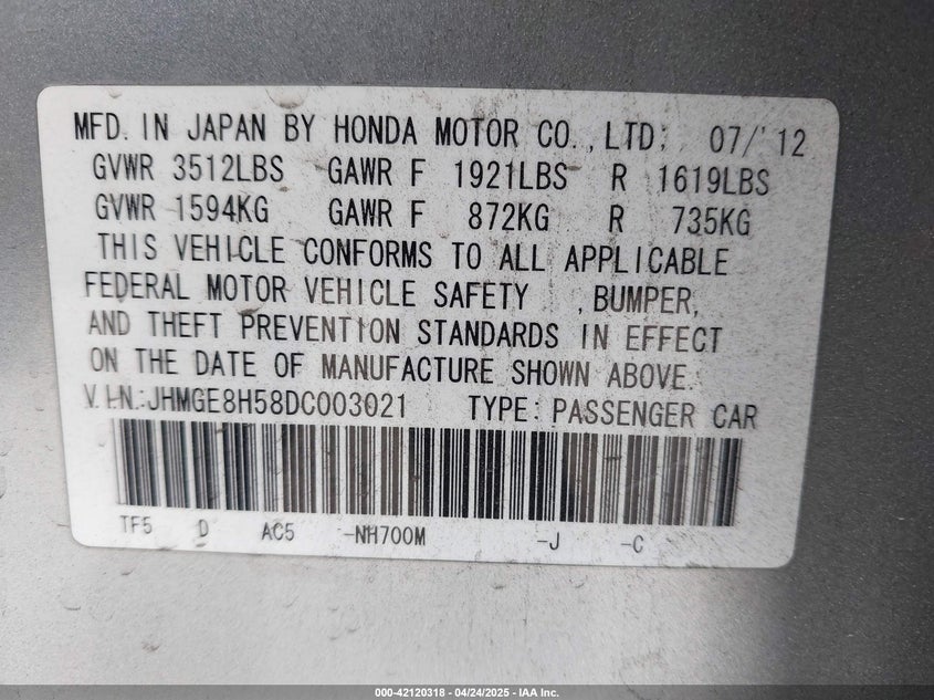 2013 HONDA FIT VIN: JHMGE8H58DC003021
