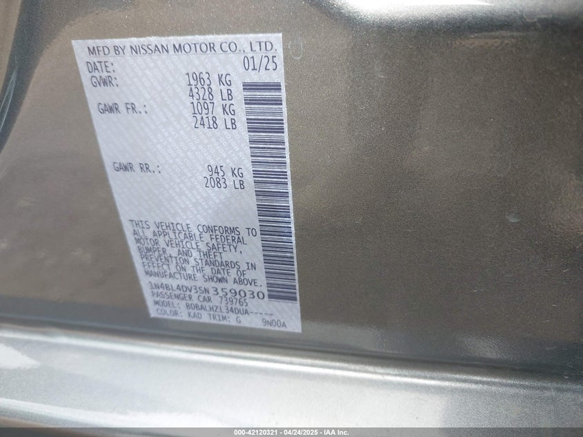 2025 NISSAN ALTIMA VIN: 1N4BL4DV3SN359030