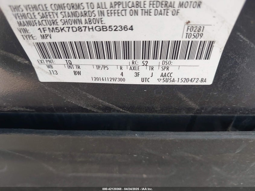 2017 FORD EXPLORER VIN: 1FM5K7D87HGB52364