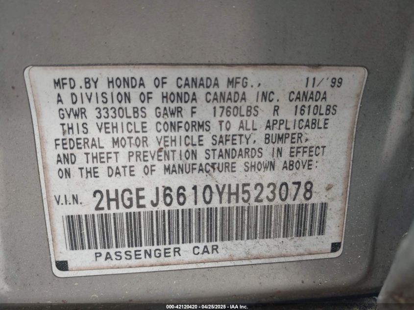 2000 Honda Civic Value Package VIN: 2HGEJ6610Y8523078 Lot: 42120420