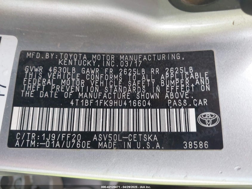 2017 TOYOTA CAMRY VIN: 4T1BF1FK9HU416604