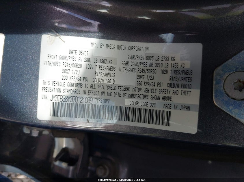2007 MAZDA CX-9 VIN: JM3TB38Y370121089
