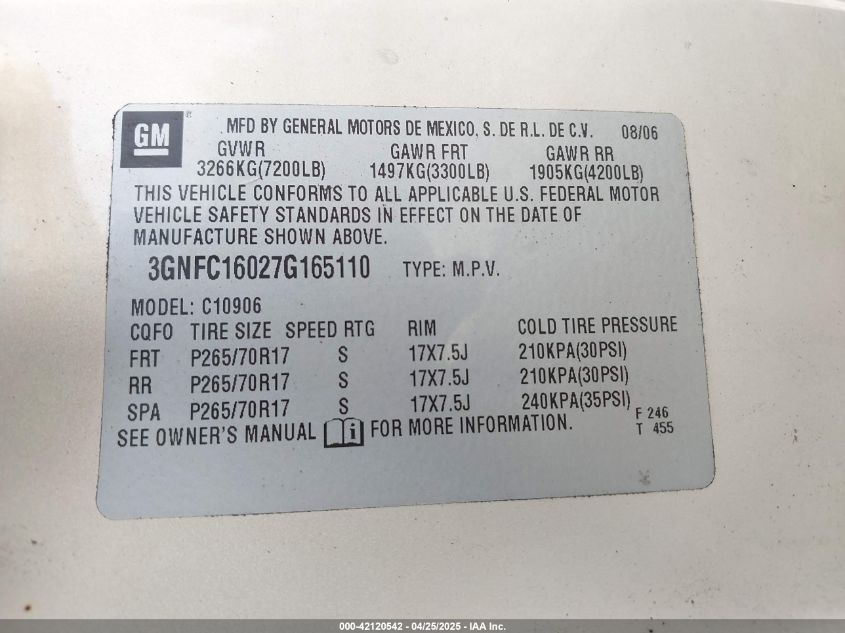 2007 Chevrolet Suburban 1500 Lt VIN: 3GNFC16027G165110 Lot: 42120542