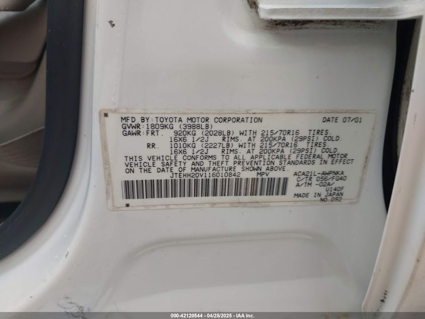 2001 Toyota Rav4 VIN: JTEHH20V116010842 Lot: 42120544