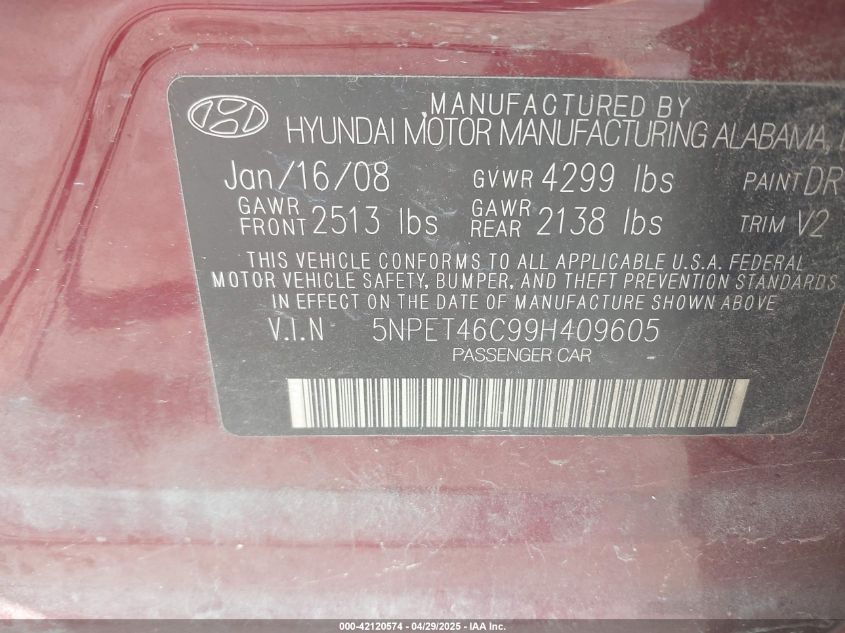 2009 Hyundai Sonata Gls VIN: 5NPET46C99H409605 Lot: 42120574