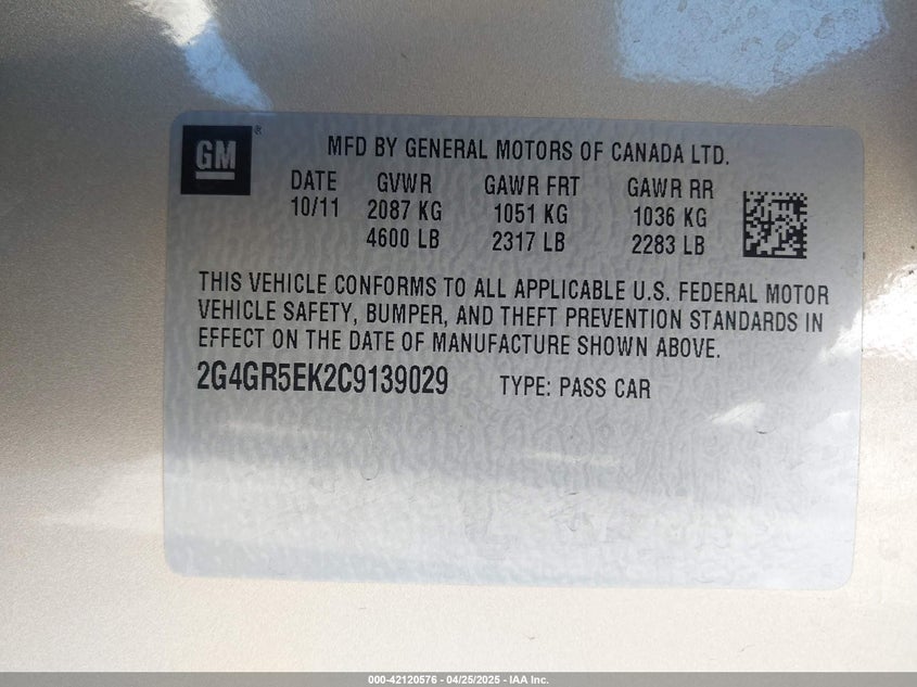 2012 BUICK REGAL VIN: 2G4GR5EK2C9139029