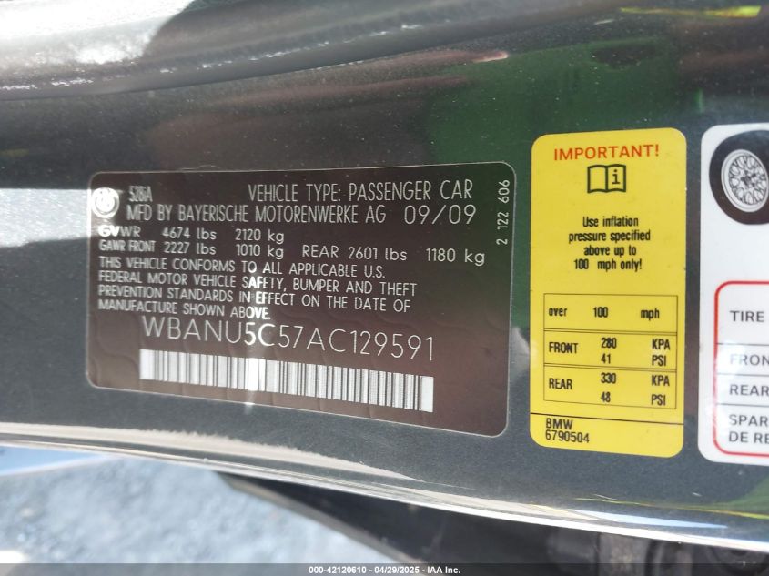 2010 BMW 528I VIN: WBANU5C57AC129591 Lot: 42120610