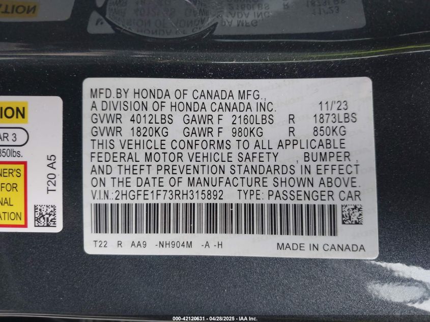 2024 Honda Civic Ex VIN: 2HGFE1F73RH315892 Lot: 42120631