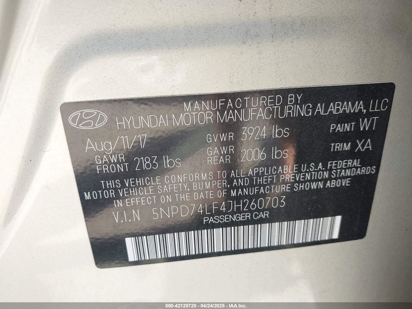 2018 HYUNDAI ELANTRA VIN: 5NPD74LF4JH260703
