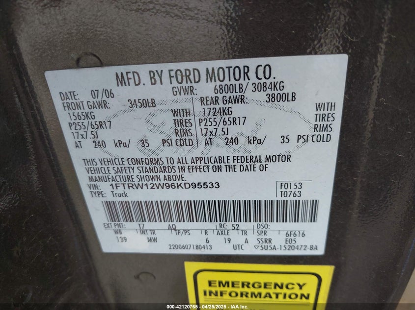 2006 FORD F-150 VIN: 1FTRW12W96KD95533