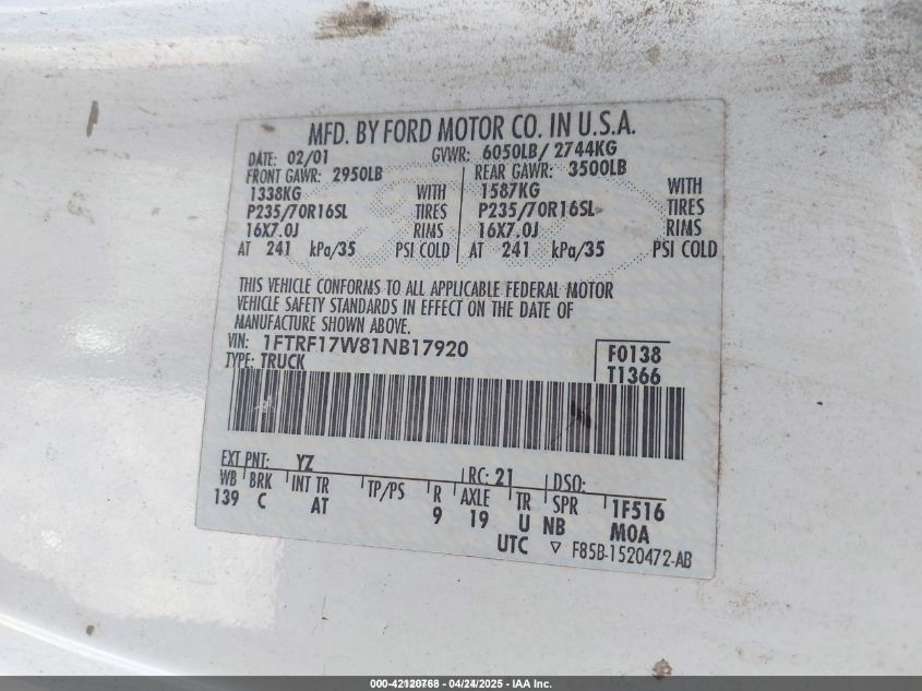 2001 Ford F-150 Xl/Xlt VIN: 1FTRF17W81NB17920 Lot: 42120768