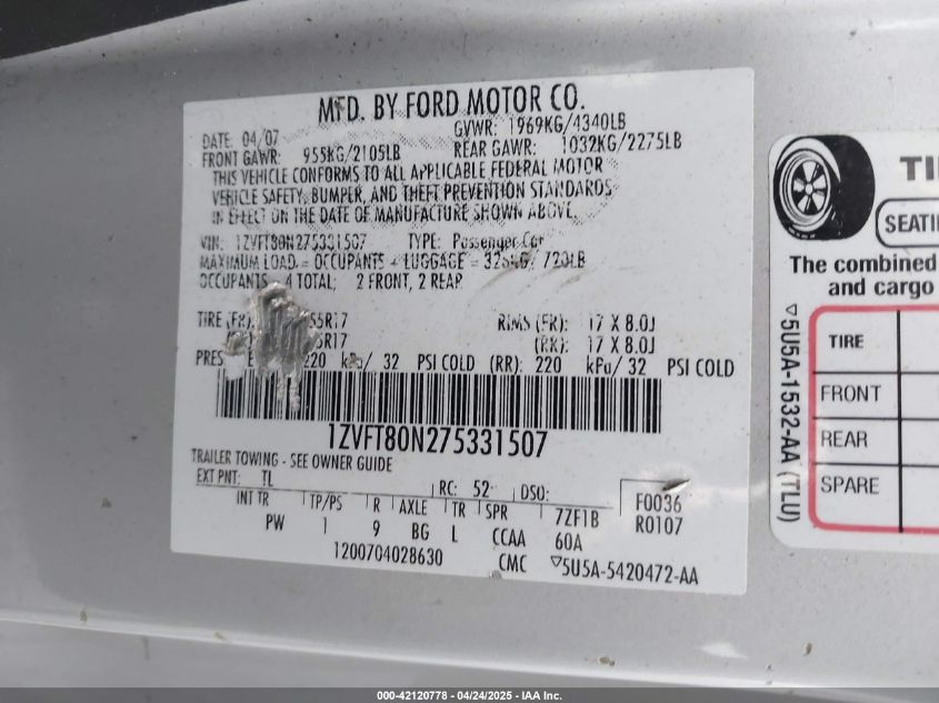 2007 Ford Mustang VIN: 1ZVFT80N275331507 Lot: 42120778