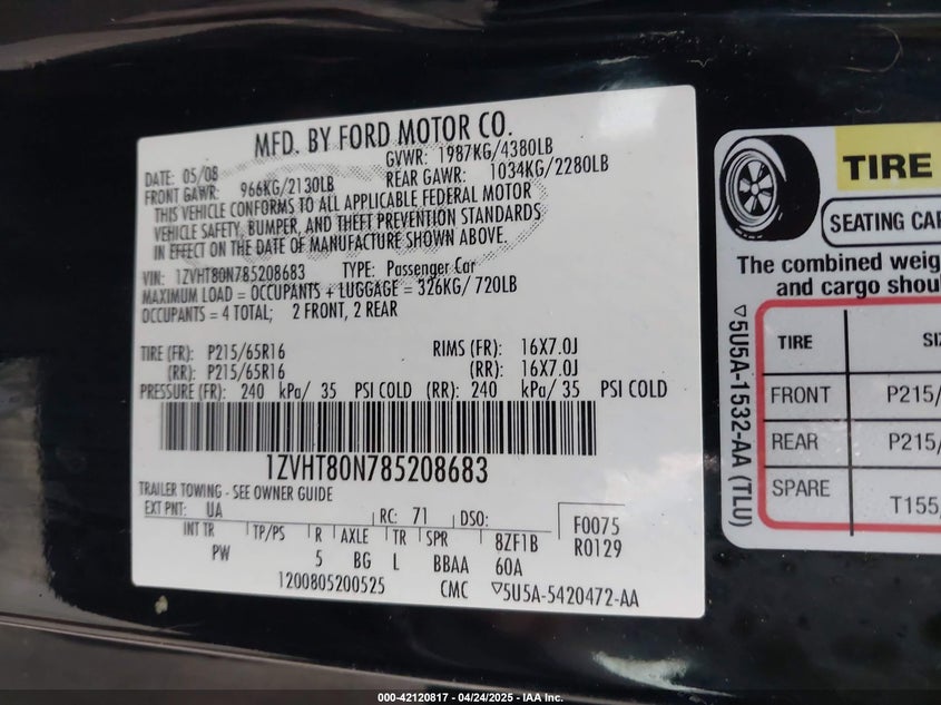2008 FORD MUSTANG VIN: 1ZVHT80N785208683