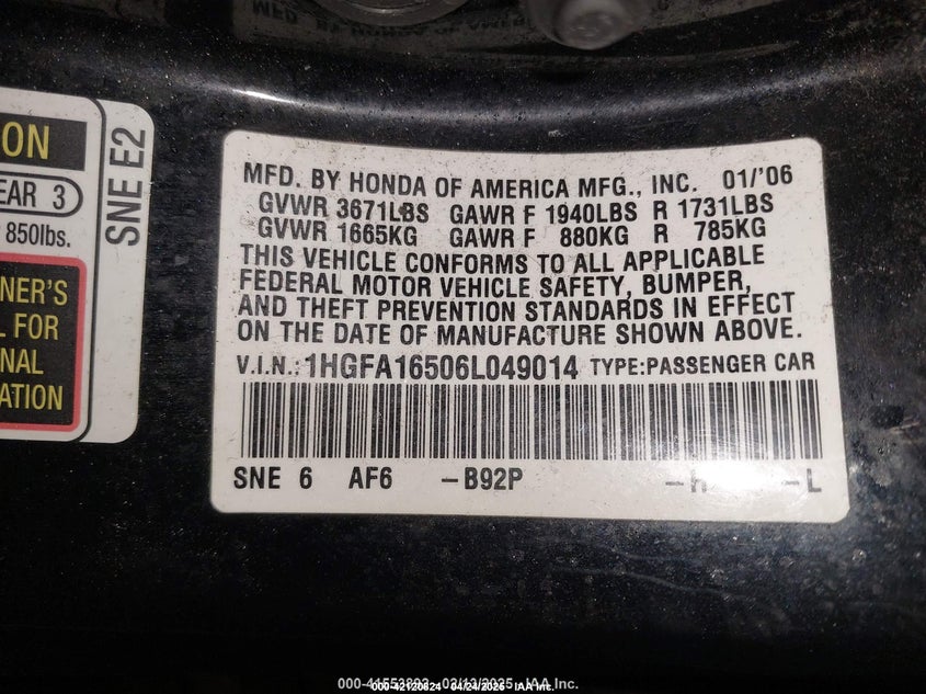 2006 HONDA CIVIC VIN: 1HGFA16506L049014