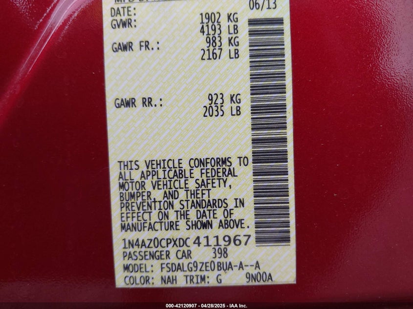 2013 NISSAN LEAF VIN: 1N4AZ0CPXDC411967