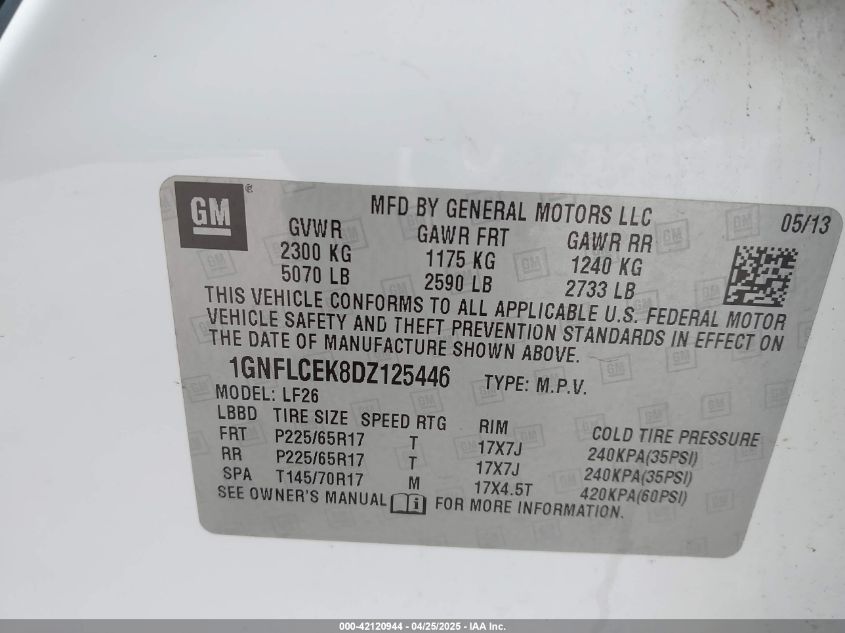 2013 Chevrolet Equinox Ls VIN: 1GNFLCEK8DZ125446 Lot: 42120944