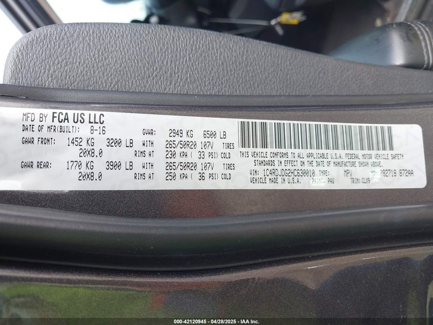 VIN 1C4RDJDG2HC630010 2017 DODGE DURANGO GT AWD