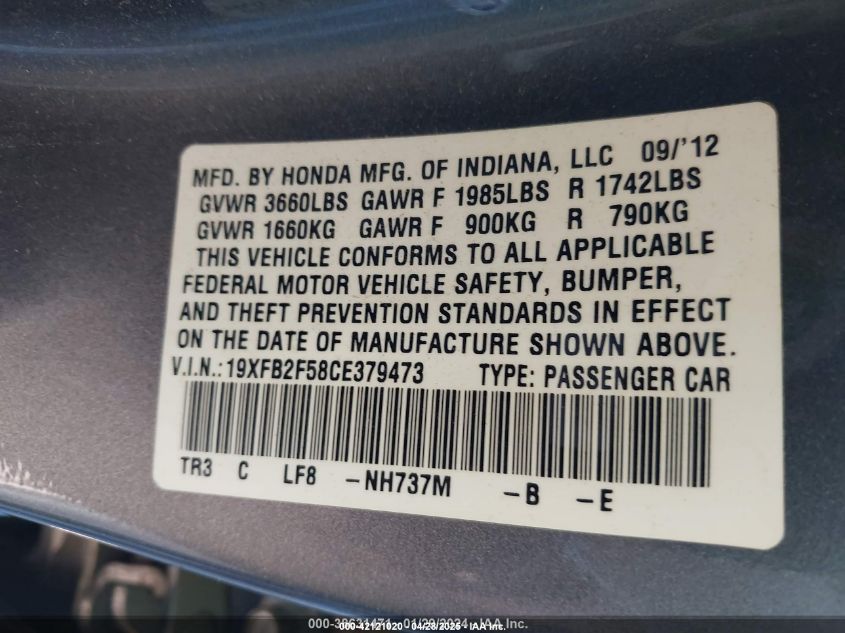 2012 Honda Civic Lx VIN: 19XFB2F58CE379473 Lot: 42121020