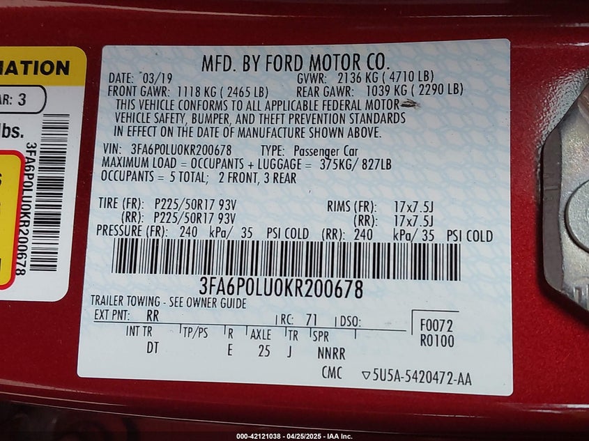 2019 FORD FUSION VIN: 3FA6P0LU0KR200678