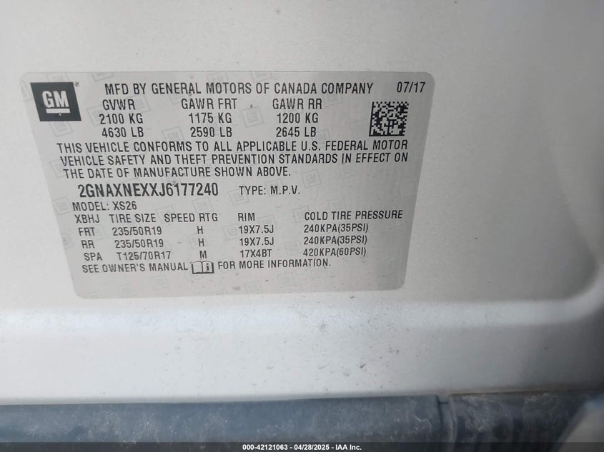 2018 CHEVROLET EQUINOX VIN: 2GNAXNEXXJ6177240