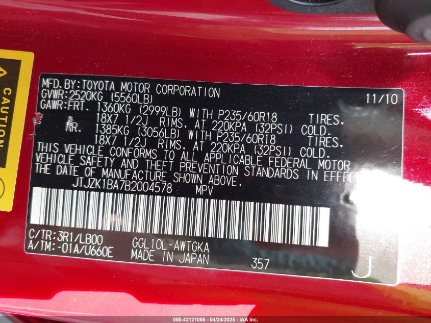 2011 Lexus Rx 350 VIN: JTJZK1BA7B2004578 Lot: 42121086