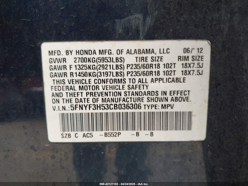 2012 HONDA PILOT VIN: 5FNYF3H53CB036306