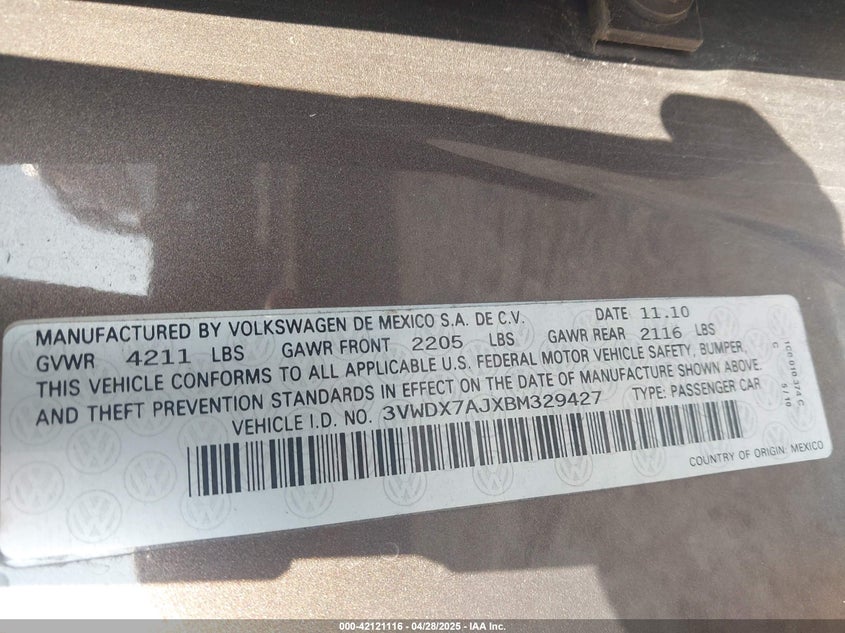 2011 VOLKSWAGEN JETTA VIN: 3VWDX7AJXBM329427