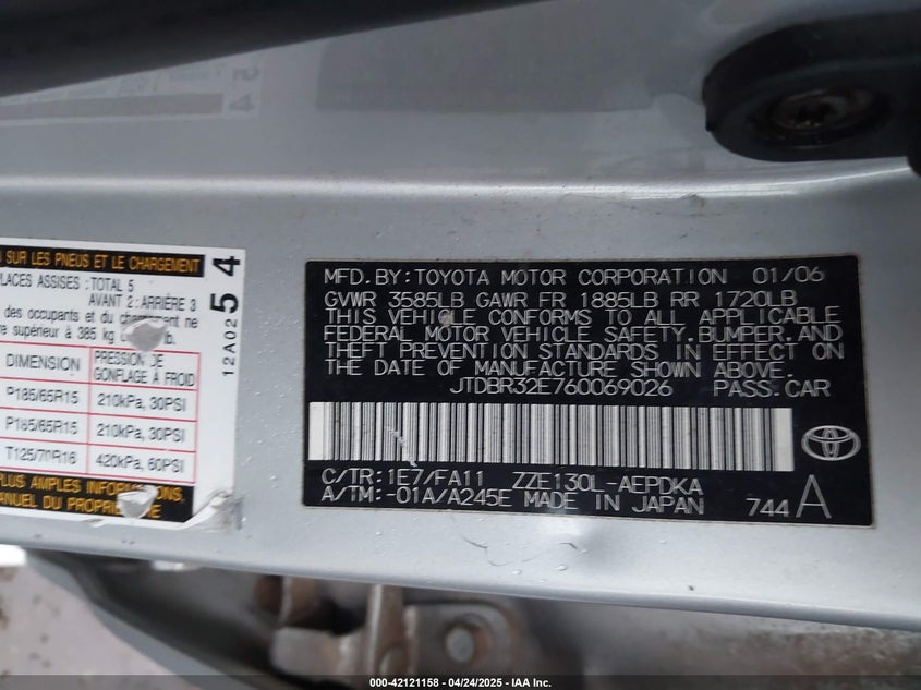 2006 TOYOTA COROLLA VIN: JTDBR32E760069026