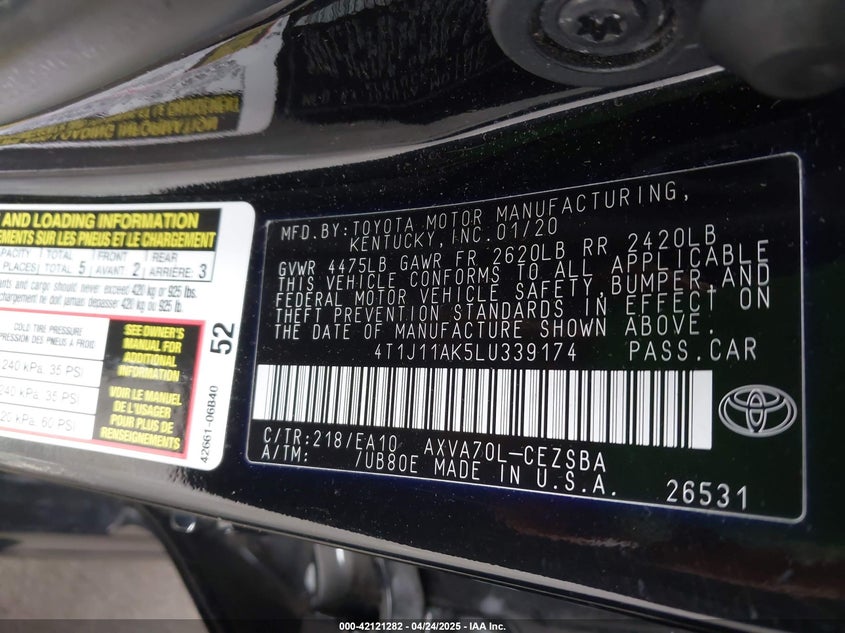 2020 TOYOTA CAMRY VIN: 4T1J11AK5LU339174
