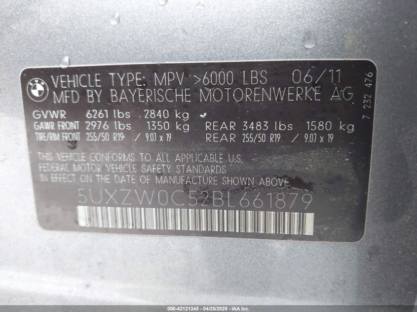 2011 BMW X5 VIN: 5UXZW0352BL661879 Lot: 42121345