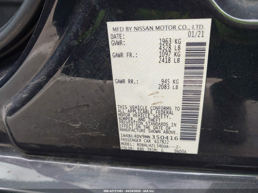 2021 Nissan Altima Sv Fwd VIN: 1N4BL4DV9MN350416 Lot: 42121363