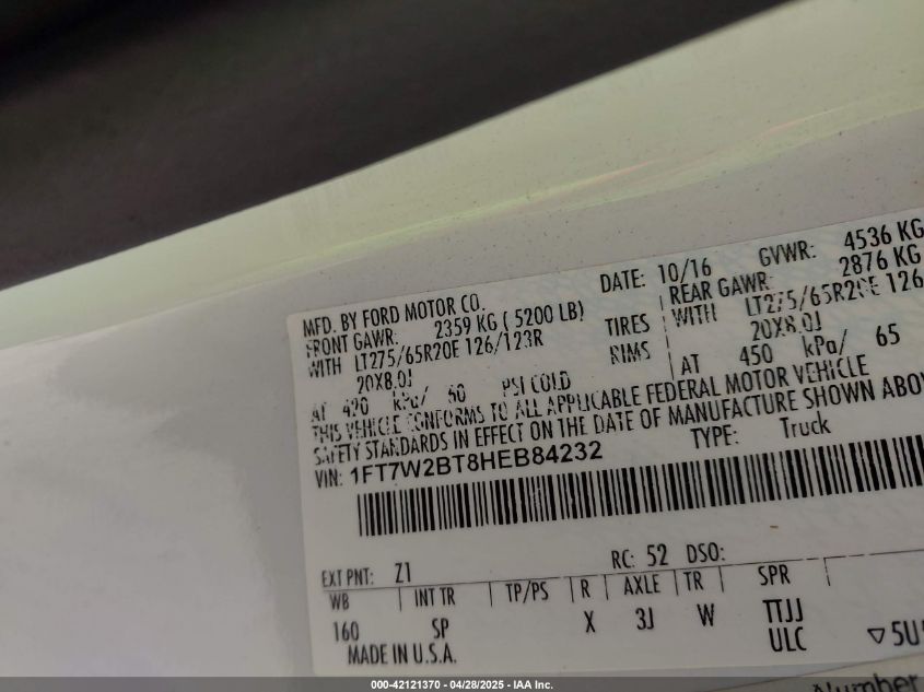 2017 Ford F-250 King Ranch VIN: 1FT7W2BT8HEB84232 Lot: 42121370