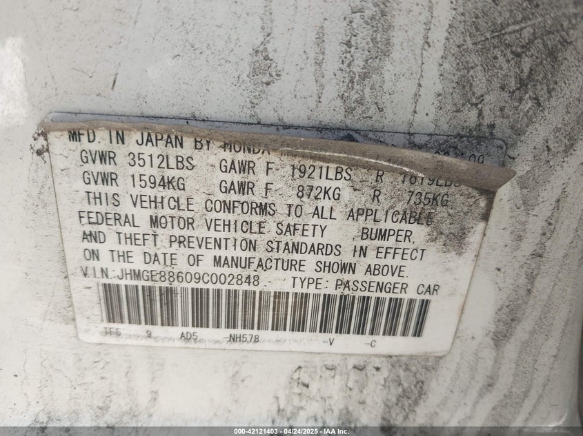 2009 HONDA FIT VIN: JHMGE88609C002848