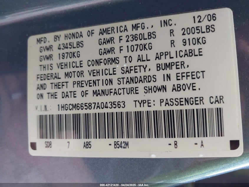 2007 HONDA ACCORD VIN: 1HGCM66587A043563