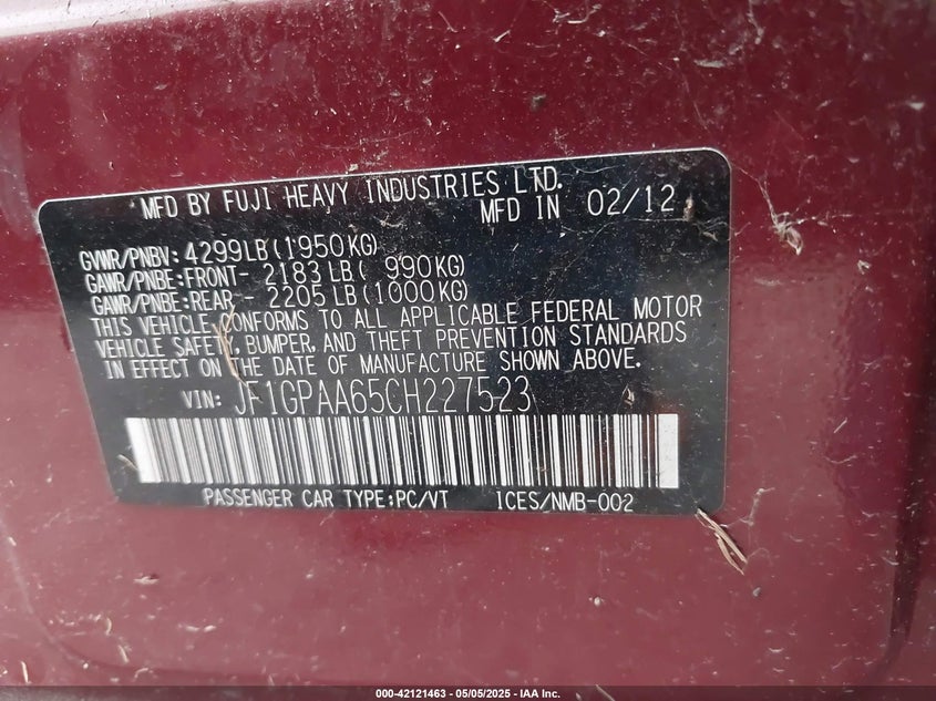 2012 SUBARU IMPREZA VIN: JF1GPAA65CH227523