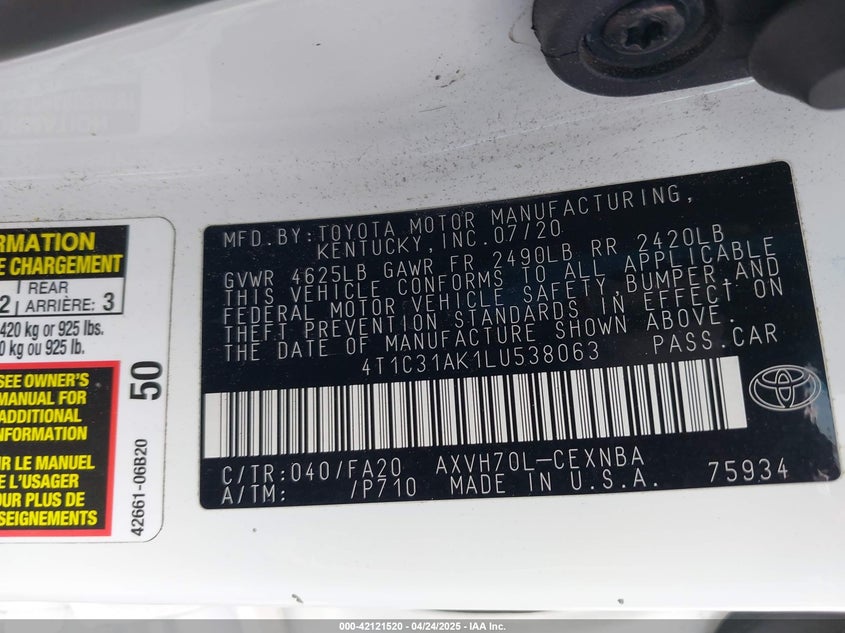 2020 TOYOTA CAMRY VIN: 4T1C31AK1LU538063