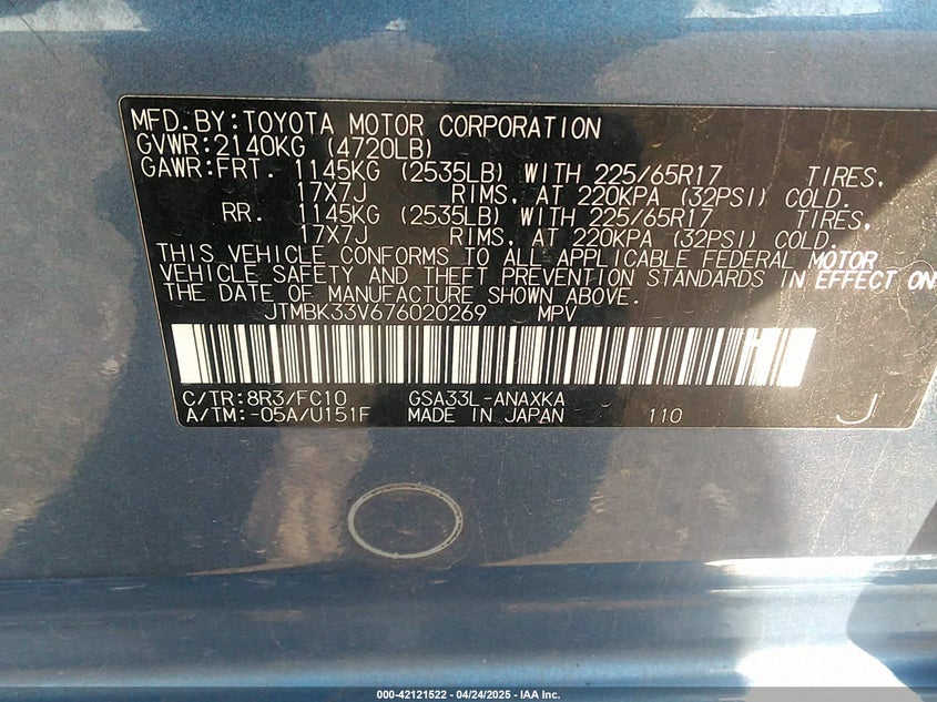2007 TOYOTA RAV4 VIN: JTMBK33V676020269