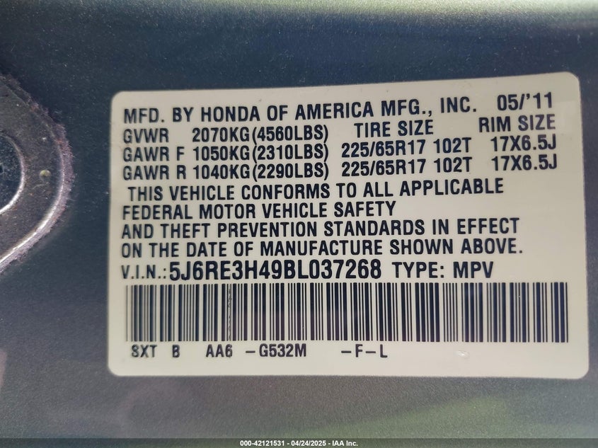 2011 HONDA CR-V VIN: 5J6RE3H49BL037268