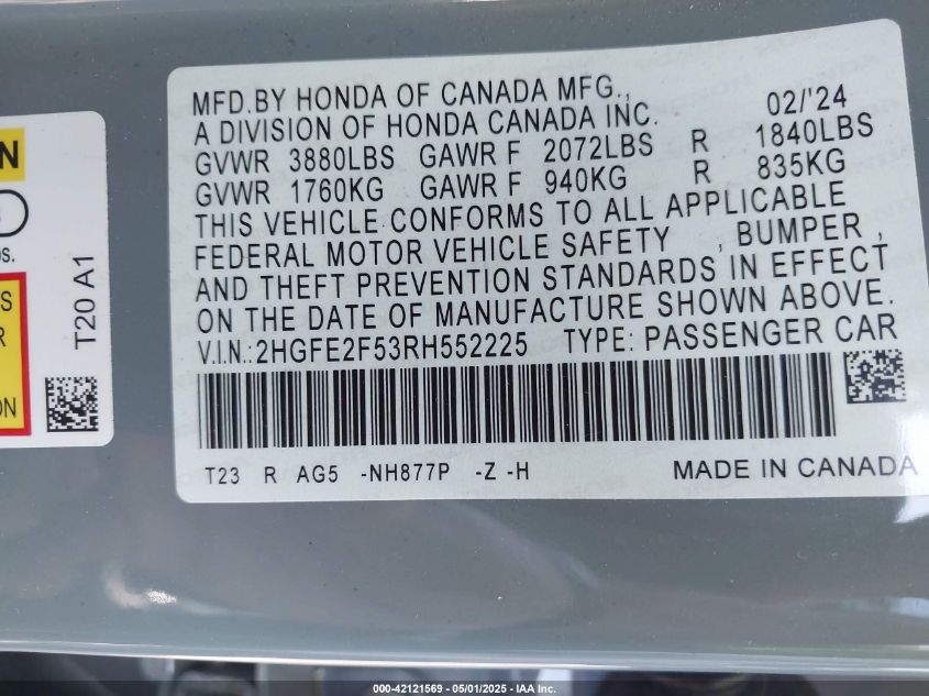 2024 Honda Civic Sport VIN: 2HGFE2F53RH552225 Lot: 42121569