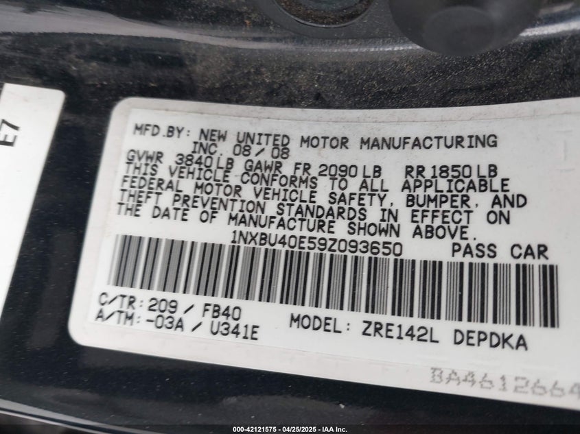 2009 TOYOTA COROLLA VIN: 1NXBU40E59Z093650