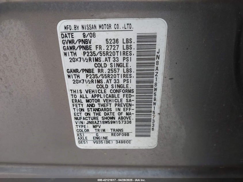 2009 NISSAN MURANO VIN: JN8AZ18W59W157336