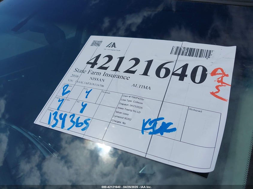 2016 NISSAN ALTIMA VIN: 1N4AL3AP2GN316706