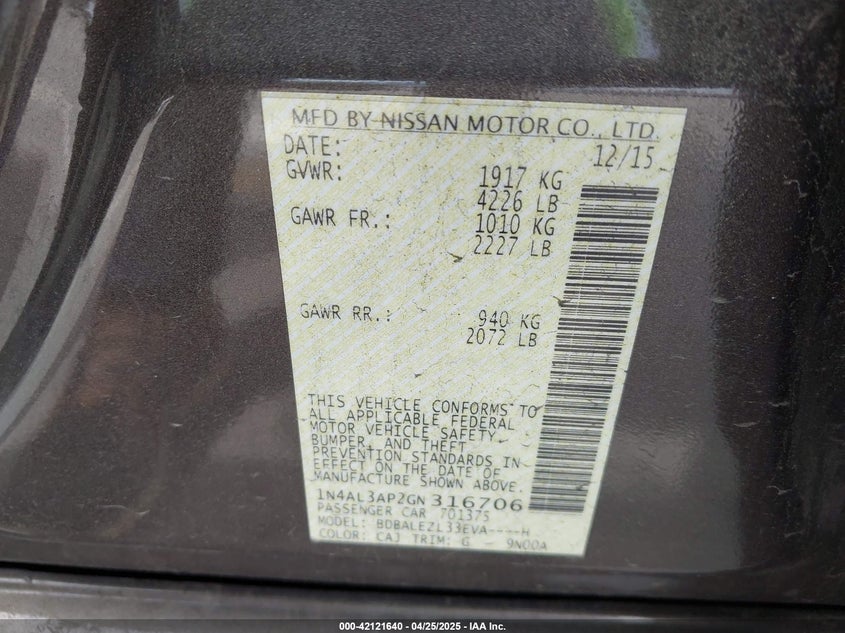 2016 NISSAN ALTIMA VIN: 1N4AL3AP2GN316706