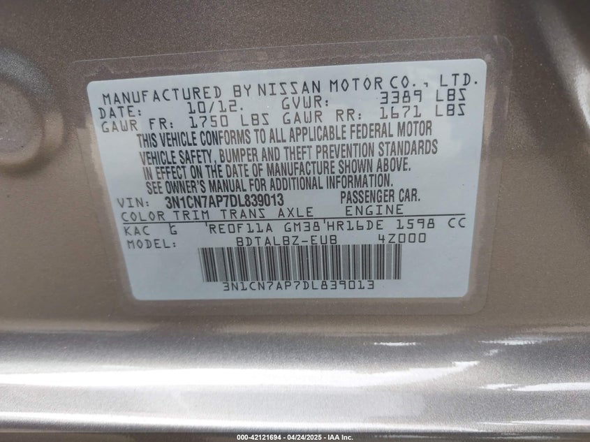 2013 NISSAN VERSA VIN: 3N1CN7AP7DL839013