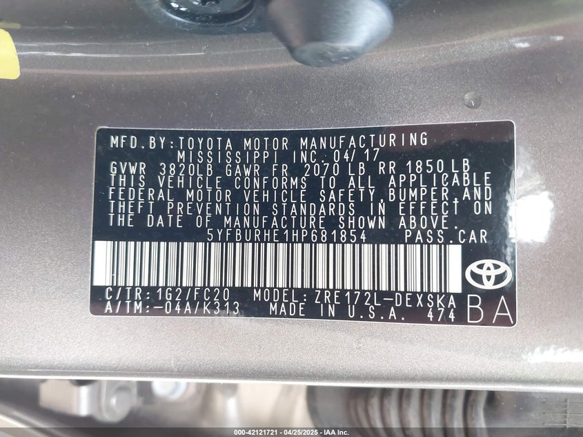 2017 TOYOTA COROLLA VIN: 5YFBURHE1HP681854