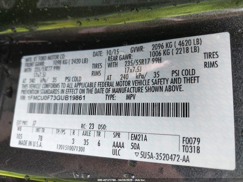 2016 FORD ESCAPE VIN: 1FMCU0F73GUB19861